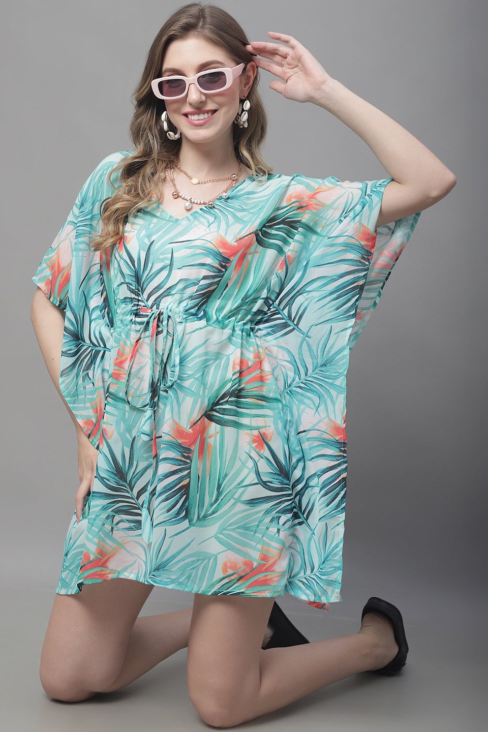 Green Color Tropical Printed Georgette Coverup Beachwear For Woman Claura Designs Pvt. Ltd. Kaftan Beachwear, Coverup, Free Size, Green, kaftan_freesize, Swimwear, tropical