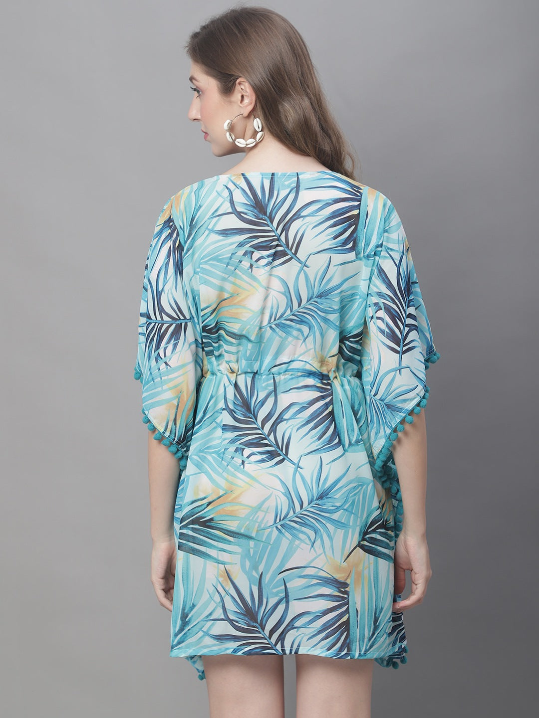Sky Blue Color Tropical Printed Georgette Coverup Beachwear Kaftan For Woman Claura Designs Pvt. Ltd. Kaftan Beachwear, Coverup, Free Size, kaftan, kaftan_freesize, sky blue, Swimwear