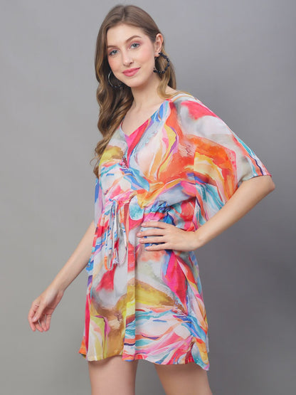 Multi Color Abstract Printed Georgette Coverup Beachwear Kftan For Woman Claura Designs Pvt. Ltd. Kaftan Beachwear, Coverup, Free Size, Georgette, kaftan_freesize, multi color, Swimwear