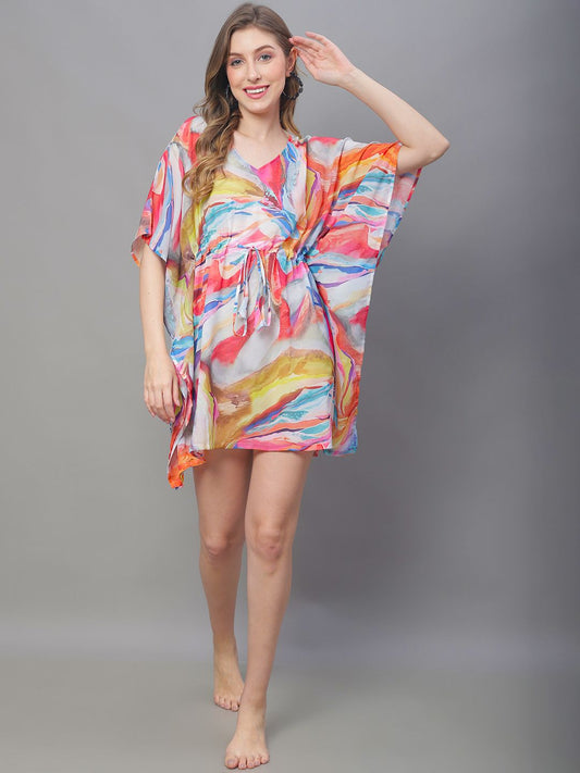 Multi Color Abstract Printed Georgette Coverup Beachwear Kftan For Woman Claura Designs Pvt. Ltd. Kaftan Beachwear, Coverup, Free Size, Georgette, kaftan_freesize, multi color, Swimwear