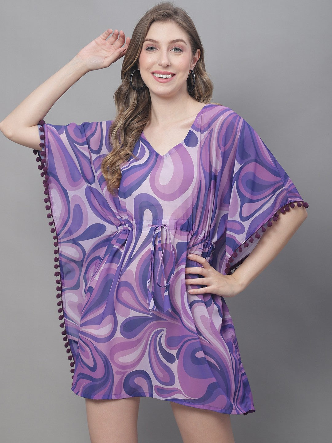 Purple Color Abstract Printed Georgette Coverup Beachwear Kaftan For Woman Claura Designs Pvt. Ltd. Kaftan Beachwear, Beachwear_size, Coverup, kaftan, kaftan_freesize, Purple, Swimwear