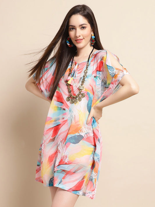Multi Color Abstract Printed Georgette Swimwear Cover Up Kaftan For Women Claura Designs Pvt. Ltd. Kaftan Beachwear, Coverup, Georgette, kaftan, Kaftan_allsizes, multi color, Printed, Resortwear, Swimwear, 