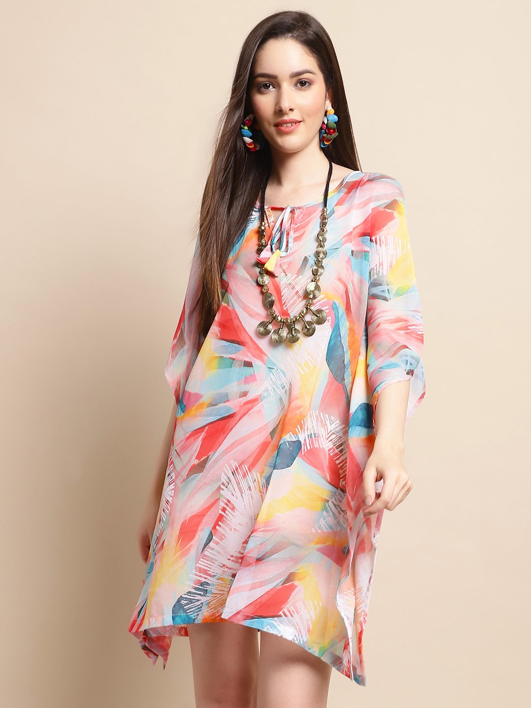 Multi Color Abstract Printed Georgette Swimwear Cover Up Kaftan For Women Claura Designs Pvt. Ltd. Kaftan Beachwear, Coverup, Georgette, kaftan, Kaftan_allsizes, multi color, Printed, Resortwear, Swimwear, 
