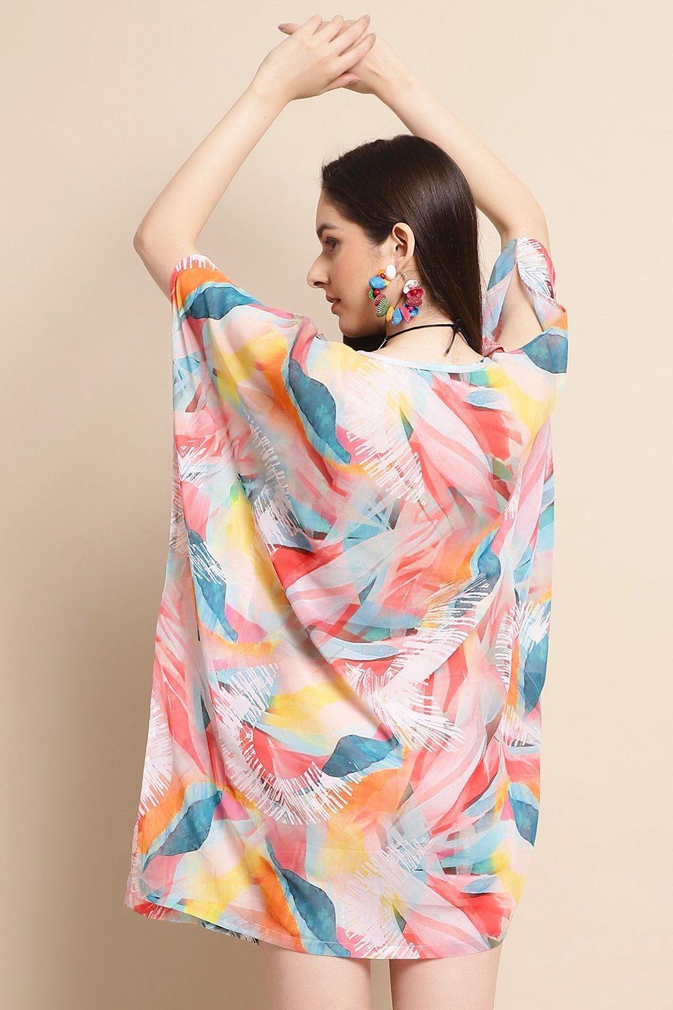 Multi Color Abstract Printed Georgette Swimwear Cover Up Kaftan For Women Claura Designs Pvt. Ltd. Kaftan Beachwear, Coverup, Georgette, kaftan, Kaftan_allsizes, multi color, Printed, Resortwear, Swimwear, 