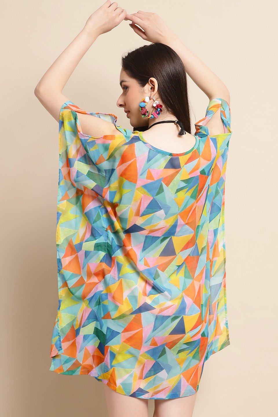 Multi Color Geometric Printed Georgette Beachwear Kaftan For Women Claura Designs Pvt. Ltd. Kaftan Beachwear, Coverup, Geometric Printed, Georgette, kaftan, Kaftan_allsizes, multi color, Swimwear