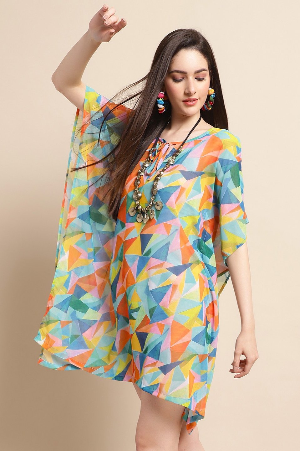 Multi Color Geometric Printed Georgette Beachwear Kaftan For Women Claura Designs Pvt. Ltd. Kaftan Beachwear, Coverup, Geometric Printed, Georgette, kaftan, Kaftan_allsizes, multi color, Swimwear