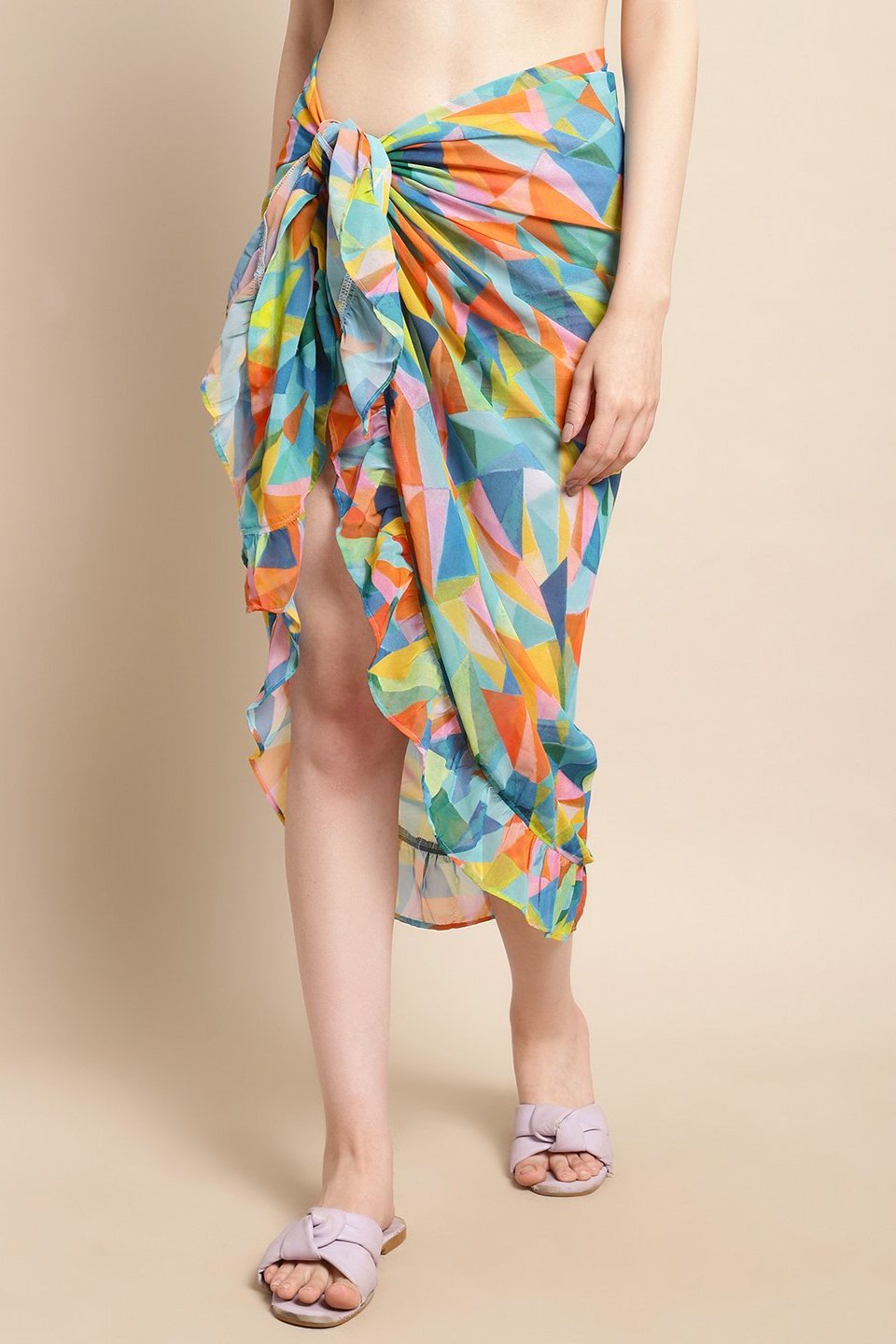 Multi Color Geometric Printed Georgette Bottom Coverup Sarong For Women Claura Designs Pvt. Ltd. Beachwear Beachwear_size, Cover-up, Coverup, georgette, multi color, Sarong, Swimwear