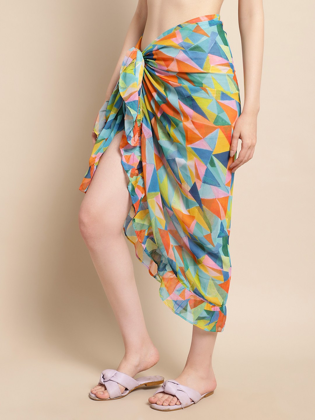 Multi Color Geometric Printed Georgette Bottom Coverup Sarong For Women Claura Designs Pvt. Ltd. Beachwear Beachwear_size, Cover-up, Coverup, georgette, multi color, Sarong, Swimwear