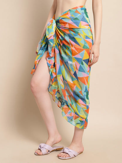 Multi Color Geometric Printed Georgette Bottom Coverup Sarong For Women Claura Designs Pvt. Ltd. Beachwear Beachwear_size, Cover-up, Coverup, georgette, multi color, Sarong, Swimwear
