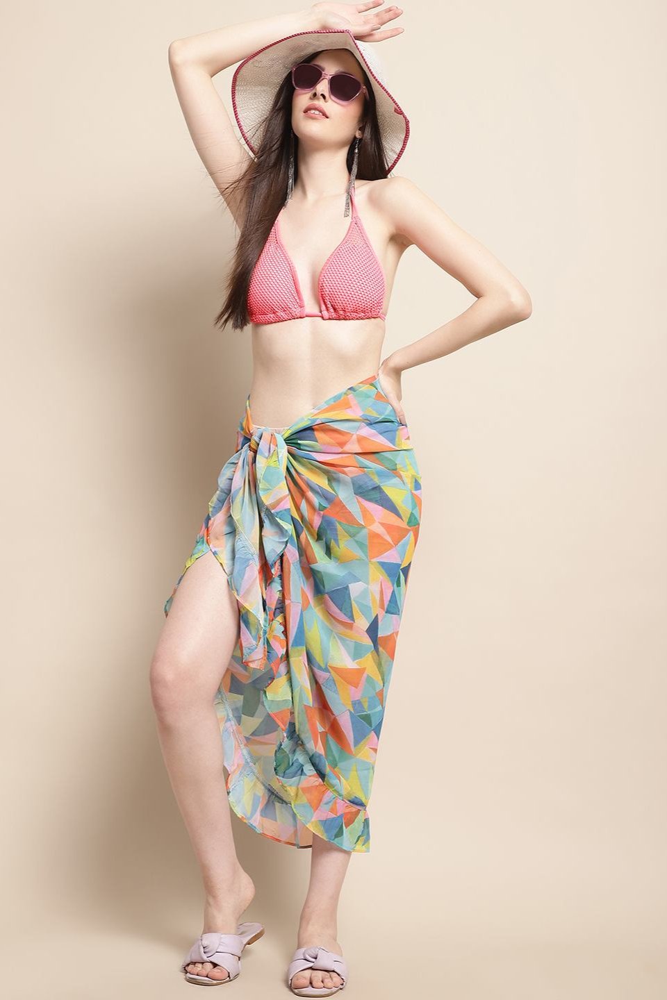 Multi Color Geometric Printed Georgette Bottom Coverup Sarong For Women Claura Designs Pvt. Ltd. Beachwear Beachwear_size, Cover-up, Coverup, georgette, multi color, Sarong, Swimwear