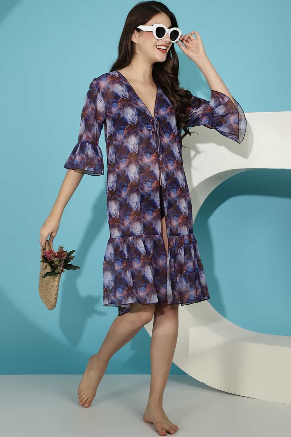 Blue Floral Printed Georgette Swimwear Cover Up Robe Claura Designs Pvt. Ltd. Beachwear Beachwear, Beachwear_size, blue, Coverup, Floral, Floral Printed, Georgette, Swimwear