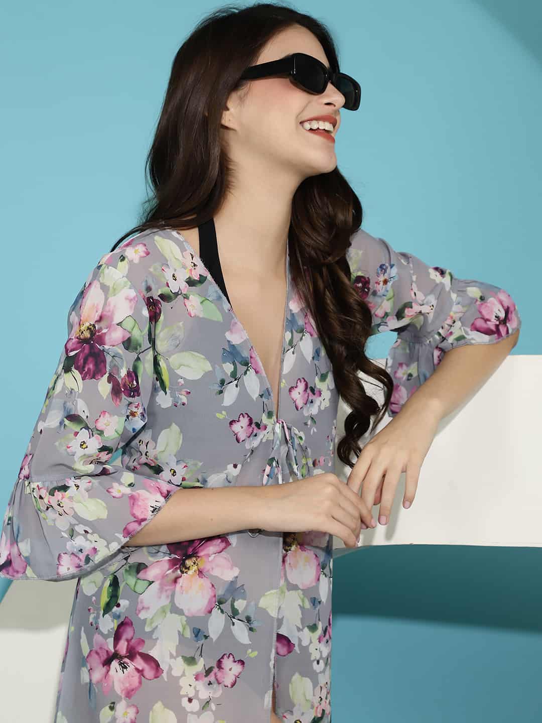 Grey Floral Printed Georgette Beachwear Cover Up Robe Claura Designs Pvt. Ltd. Beachwear Beachwear, Beachwear_size, Coverup, Floral, Grey, Short  Sleeves, Swimwear