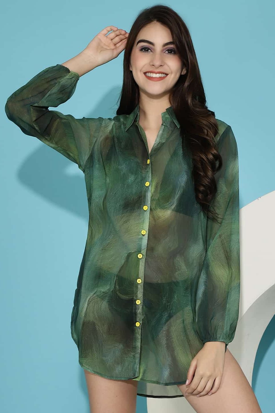 Green Abstract Printed Georgette Swimwear Cover Up Shirt