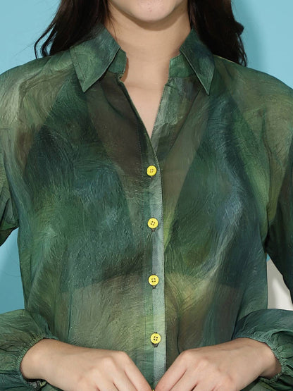 Green Abstract Printed Georgette Swimwear Cover Up Shirt Claura Designs Pvt. Ltd. Beachwear Beachwear, Beachwear_size, Coverup, Ethnic, Georgette, Green, Swimwear, Western