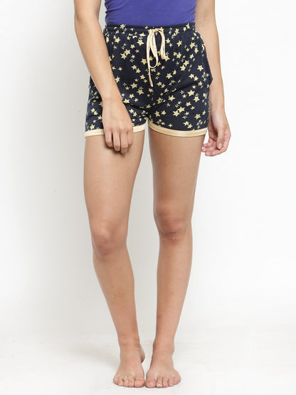 Navy Star Solid Printed Cotton Lounge Shorts Claura Designs Pvt. Ltd. Lounge Shorts Cotton, Loungeshort_size, navy, Printed, Shorts, Solid Printed