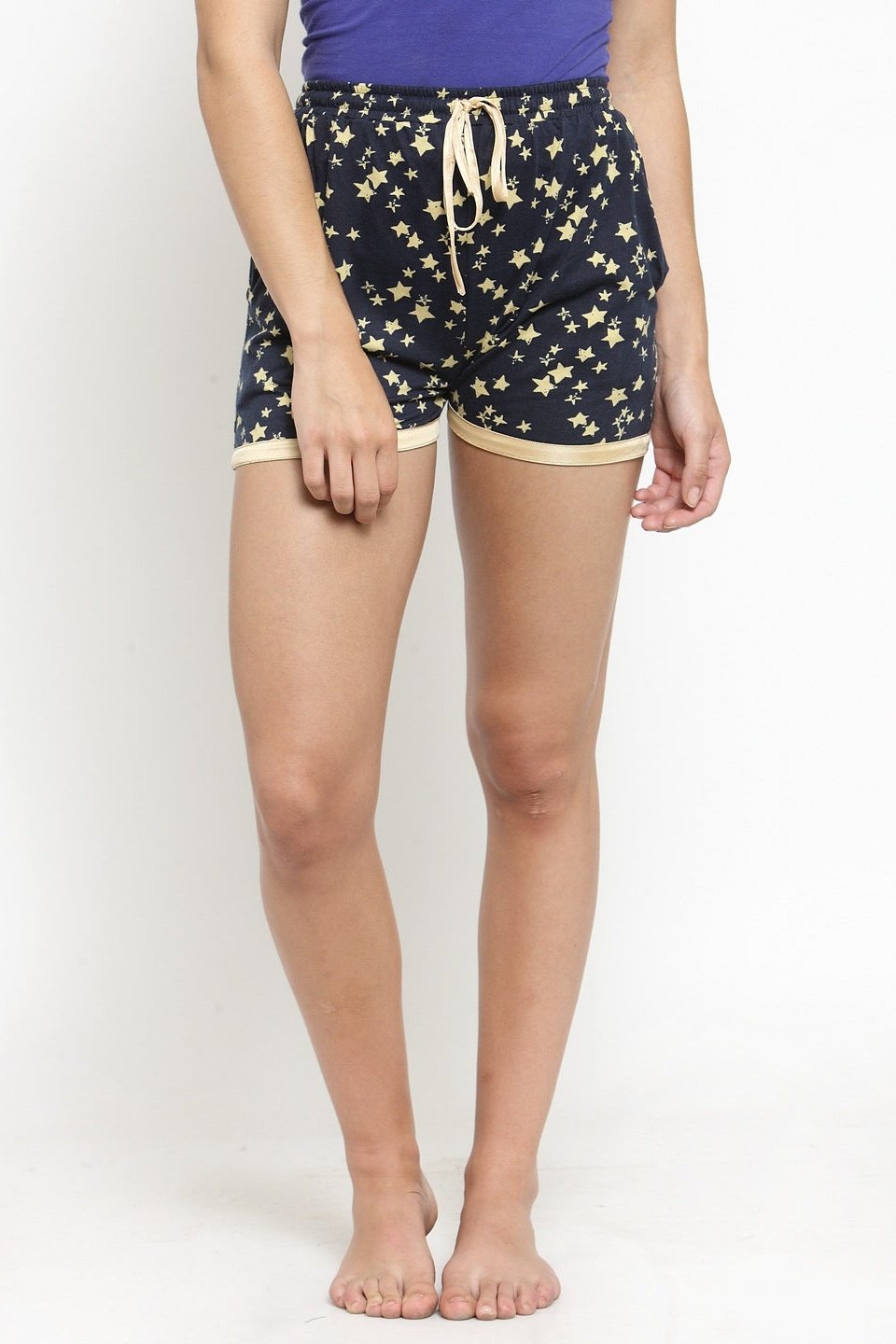 Navy Star Solid Printed Cotton Lounge Shorts Claura Designs Pvt. Ltd. Lounge Shorts Cotton, Loungeshort_size, navy, Printed, Shorts, Solid Printed