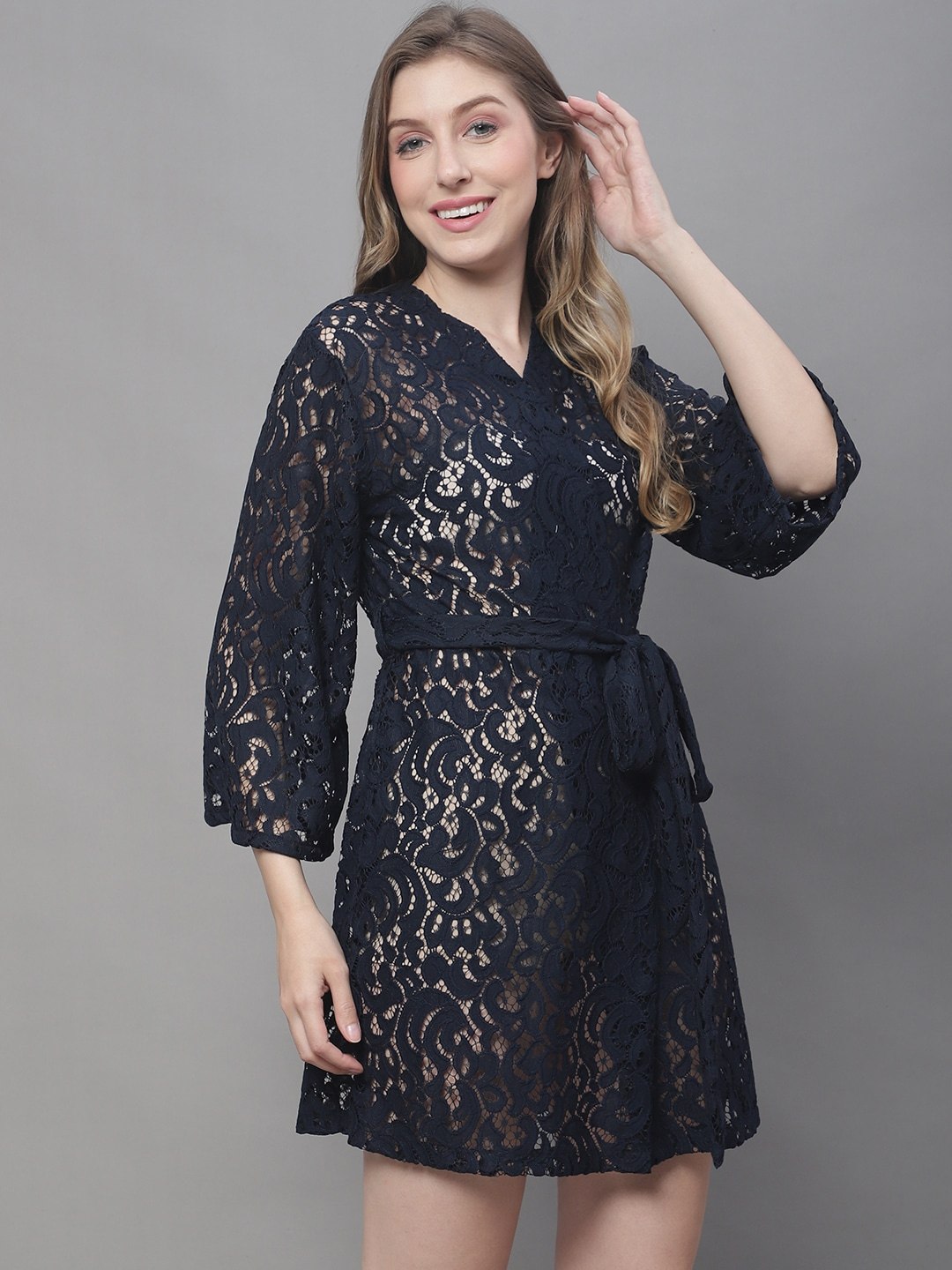 Navy Net Lace Solid Printed Cotton Cover up Robe Claura Designs Pvt. Ltd. Nighty Cotton, Kaftan_allsizes, Navy Blue, net lace, Nightdress, Robe, Sleepwear, Solid Printed, Women