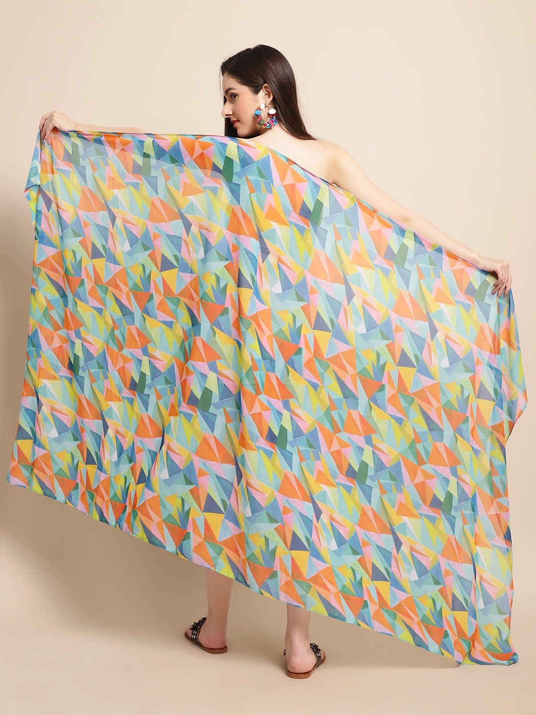 Multi Color Geometric Printed Georgette Swimwear Cover Up Sarong For Women Claura Designs Pvt. Ltd. Sarong Cover-up, Coverup, Free Size, georgette, multi color, Sarong, Swimwear