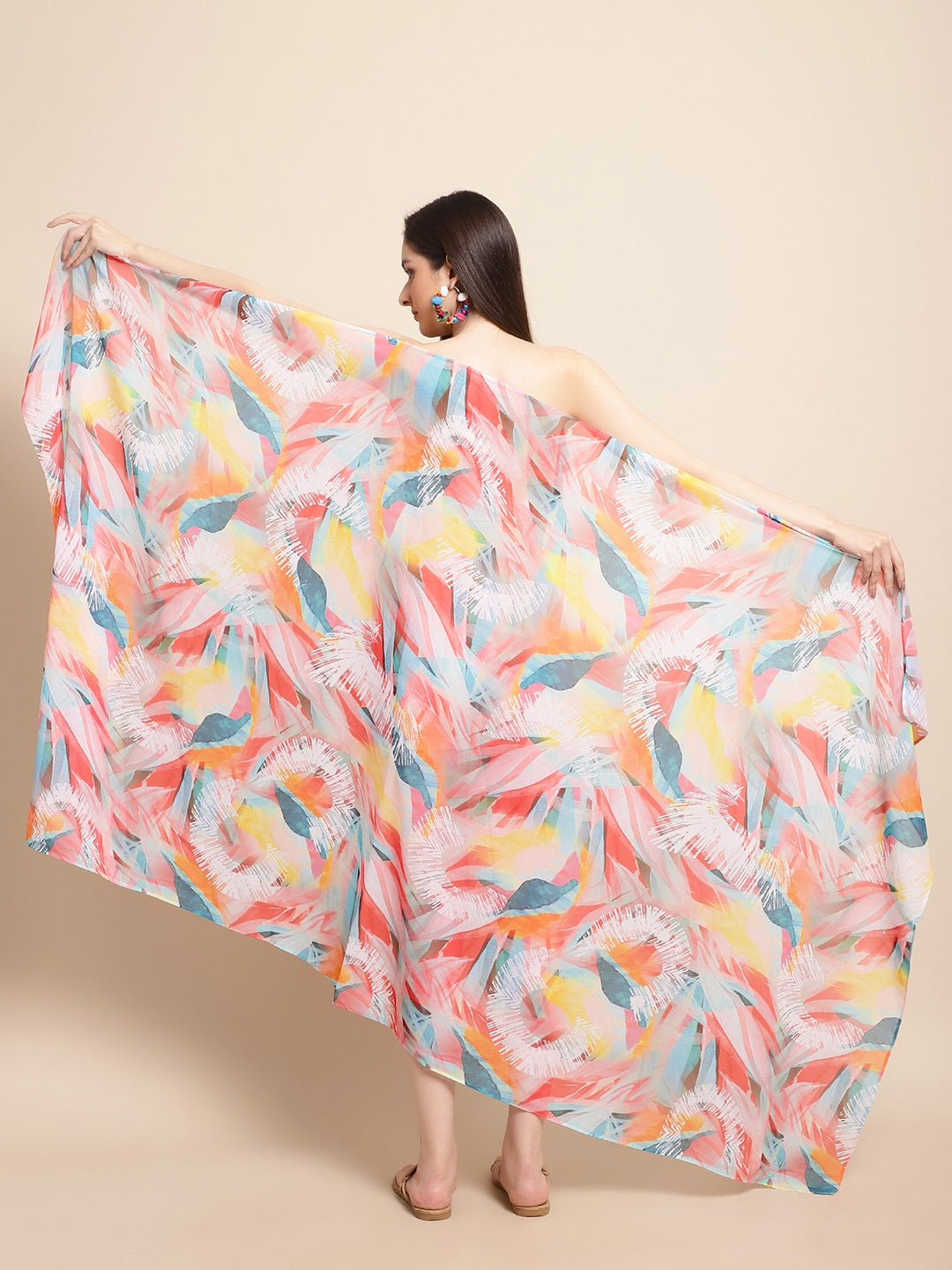 Multi Color Abstract Printed Georgette Swimwear Cover Up Sarong For Women Claura Designs Pvt. Ltd. Sarong Beachwear, Cover-up, Coverup, Free Size, georgette, multi color, Sarong, Swimwear