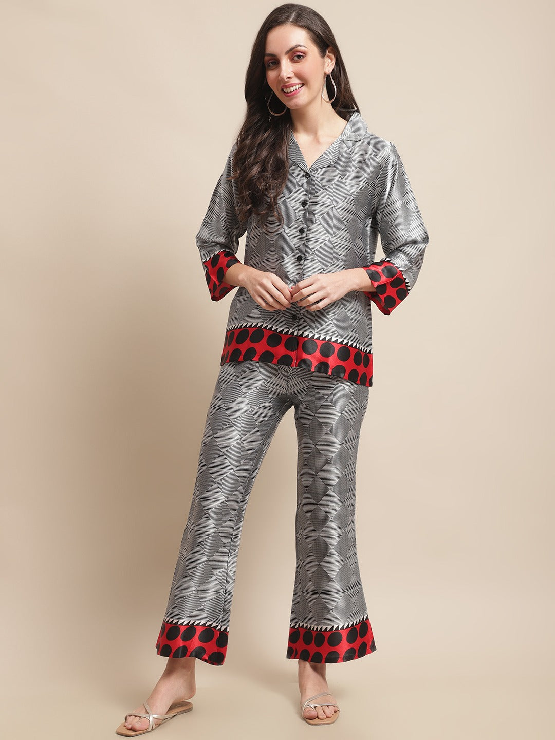 Grey Color Abstract Printed Silk Satin Co-ord Set Claura Designs Pvt. Ltd. Lounge Wear Abstract, Chanderi Silk, Co-ord Set, Ethnic, Floral, Grey, Rayon