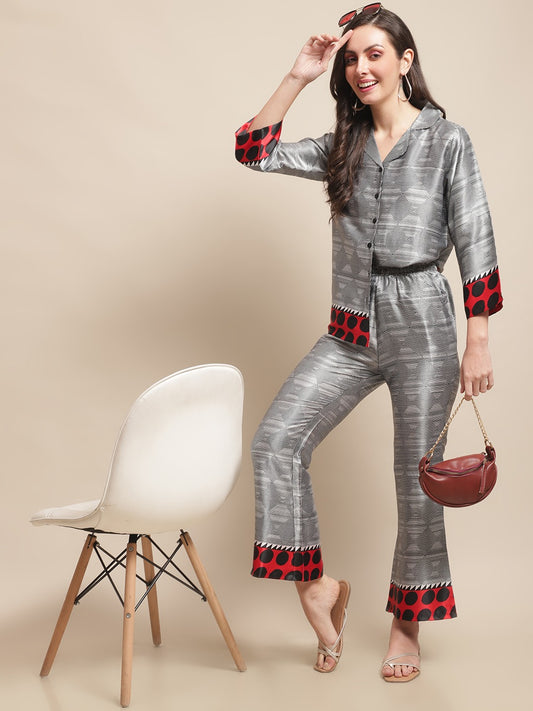 Grey Color Abstract Printed Silk Satin Co-ord Set Claura Designs Pvt. Ltd. Lounge Wear Abstract, Chanderi Silk, Co-ord Set, Ethnic, Floral, Grey, Rayon