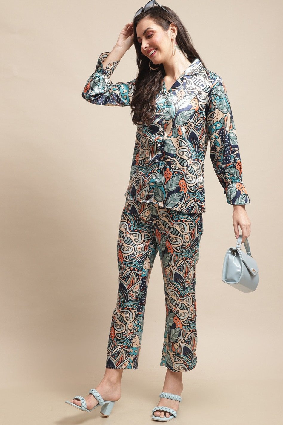 Multi-Color Abstract Printed Silk Satin Co-Ord Set for Women | Claura

