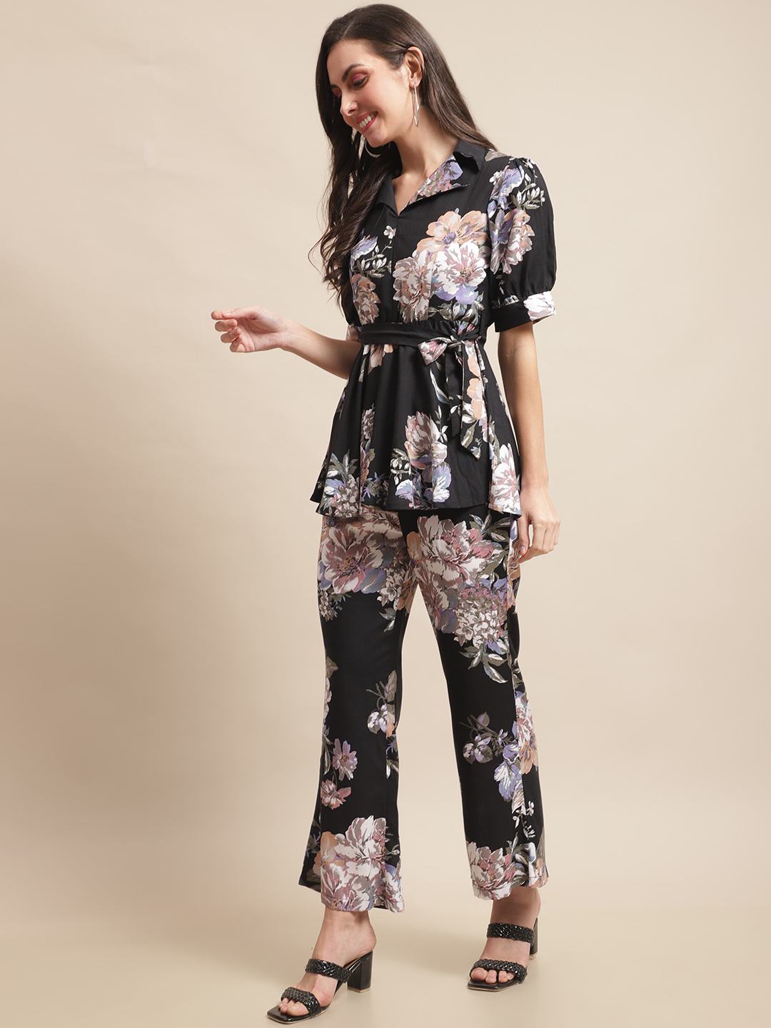 Black Color Flower Printed Viscose Rayon Co-ord Set Claura Designs Pvt. Ltd. Cord set Black, Co-ord, Ethnic, Floral, Rayon, Western