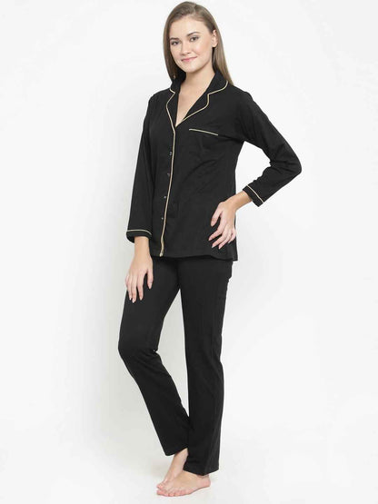 Black Soild Printed Cotton Nightsuit For Women Claura Designs Pvt. Ltd. Nightsuit Full Sleeves, Nightsuit, Rayon, Sleepwear