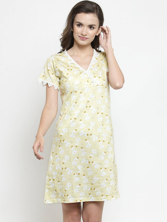Yellow Color Floral Printed Cotton Shortnighty For Women Claura Designs Pvt. Ltd. Lounge Wear Cotton, Floral, Shortnighty, Sleepwear, Yellow