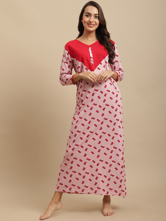 Pink Color Abstract Printed Cotton nighty For Women Claura Designs Pvt. Ltd. Nighty Cotton, Full Sleeves, Long Sleeves, Nightdress, Nighty, Pink, Printed, Sleepwear