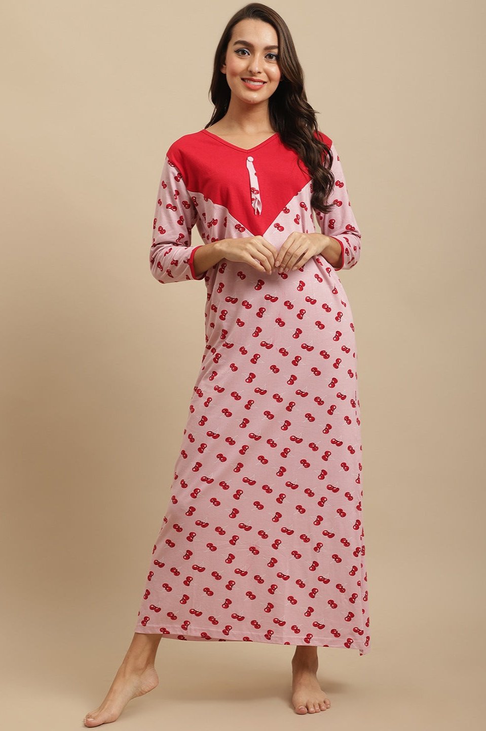 Pink Color Abstract Printed Cotton nighty For Women Claura Designs Pvt. Ltd. Nighty Cotton, Full Sleeves, Long Sleeves, Nightdress, Nighty, Pink, Printed, Sleepwear