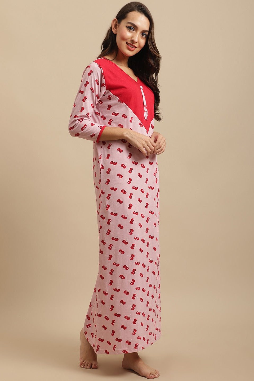 Pink Color Abstract Printed Cotton nighty For Women Claura Designs Pvt. Ltd. Nighty Cotton, Full Sleeves, Long Sleeves, Nightdress, Nighty, Pink, Printed, Sleepwear