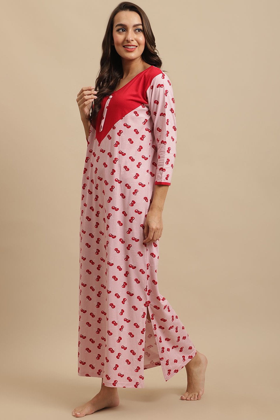 Pink Color Abstract Printed Cotton nighty For Women Claura Designs Pvt. Ltd. Nighty Cotton, Full Sleeves, Long Sleeves, Nightdress, Nighty, Pink, Printed, Sleepwear