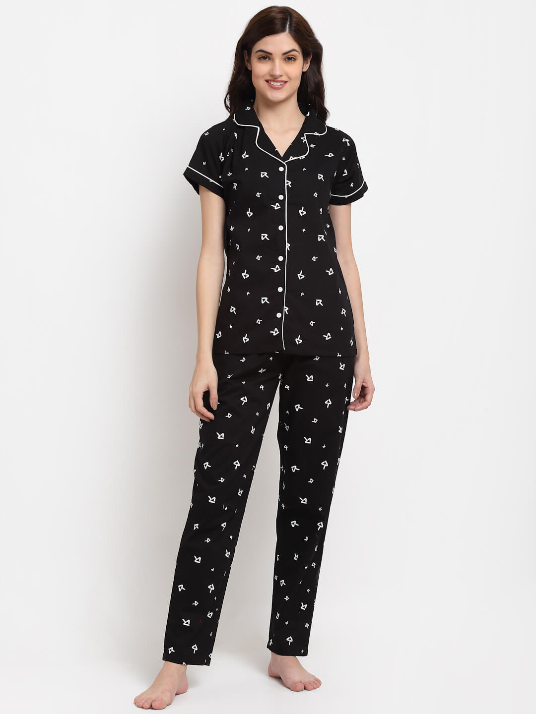 Black Color Abstract Printed Cotton Nightsuit For Women Claura Designs Pvt. Ltd. Nightsuit Abstract Printed, Black, Cotton, Nightsuit, Short Sleeves, Sleepwear