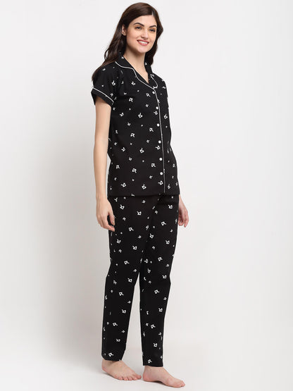Black Color Abstract Printed Cotton Nightsuit For Women Claura Designs Pvt. Ltd. Nightsuit Abstract Printed, Black, Cotton, Nightsuit, Short Sleeves, Sleepwear