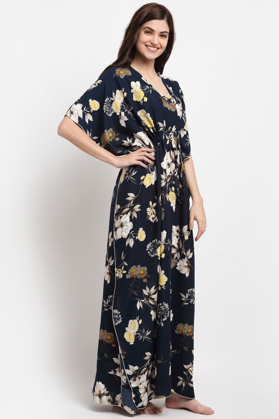 Navy Blue Floral Printed Viscose Rayon Kaftan For Woman Claura Designs Pvt. Ltd. Kaftan Floral, kaftan, kaftan_freesize, Navy Blue, Nightdress, Printed, Sleepwear, V-Neck