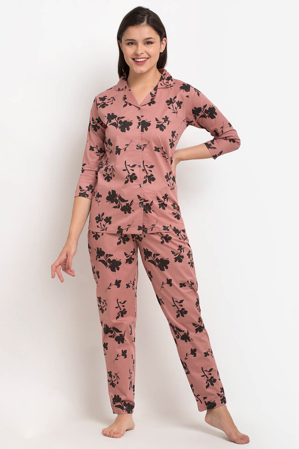 Rust Color Floral Printed Rayon Night Suit for Women by Claura

