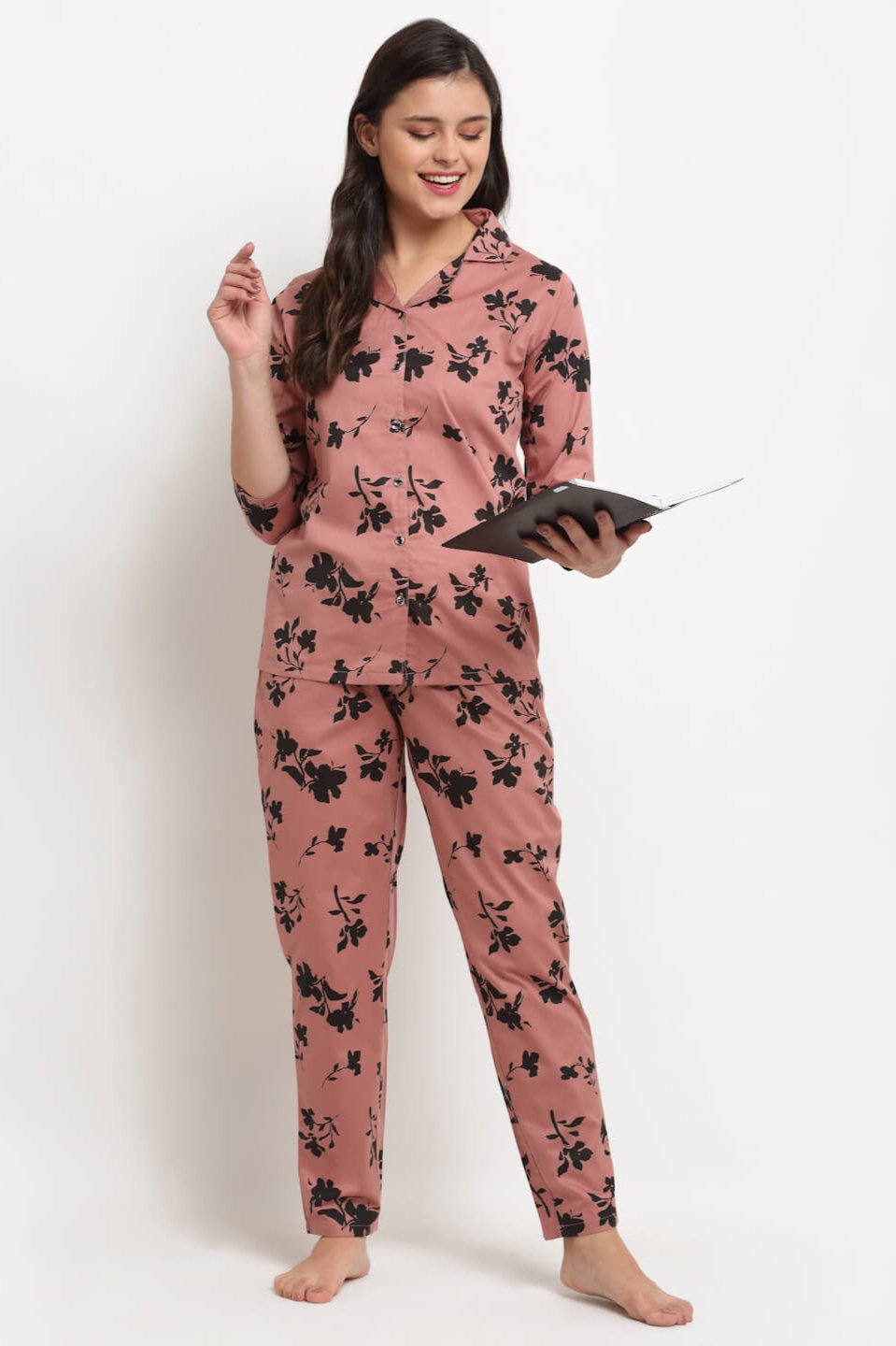 Rust Color Floral Printed Rayon Night Suit for Women by Claura

