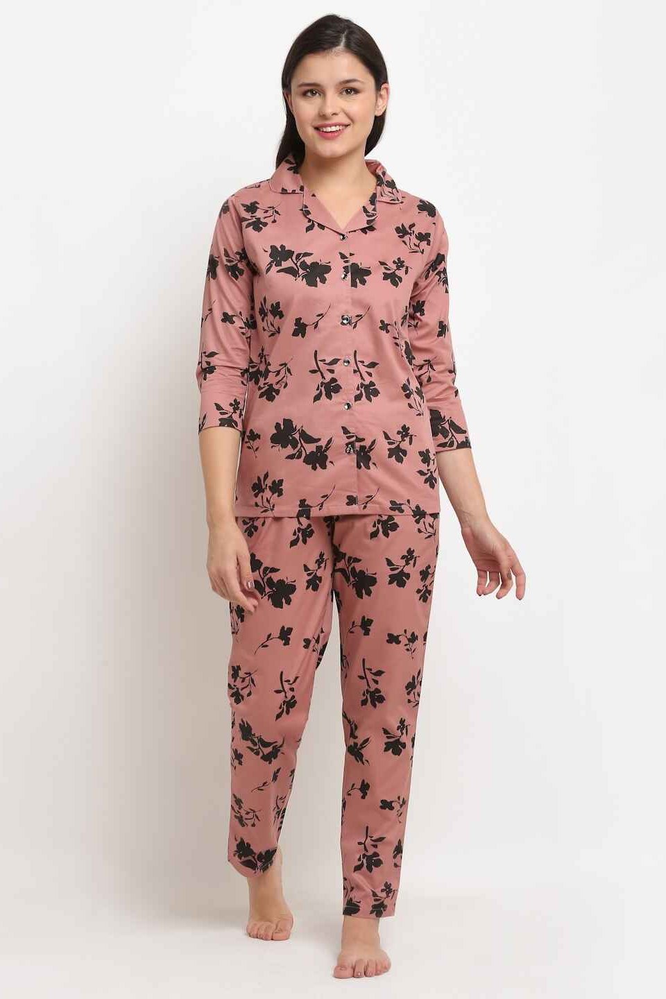 Rust Color Floral Printed Rayon Night Suit for Women by Claura

