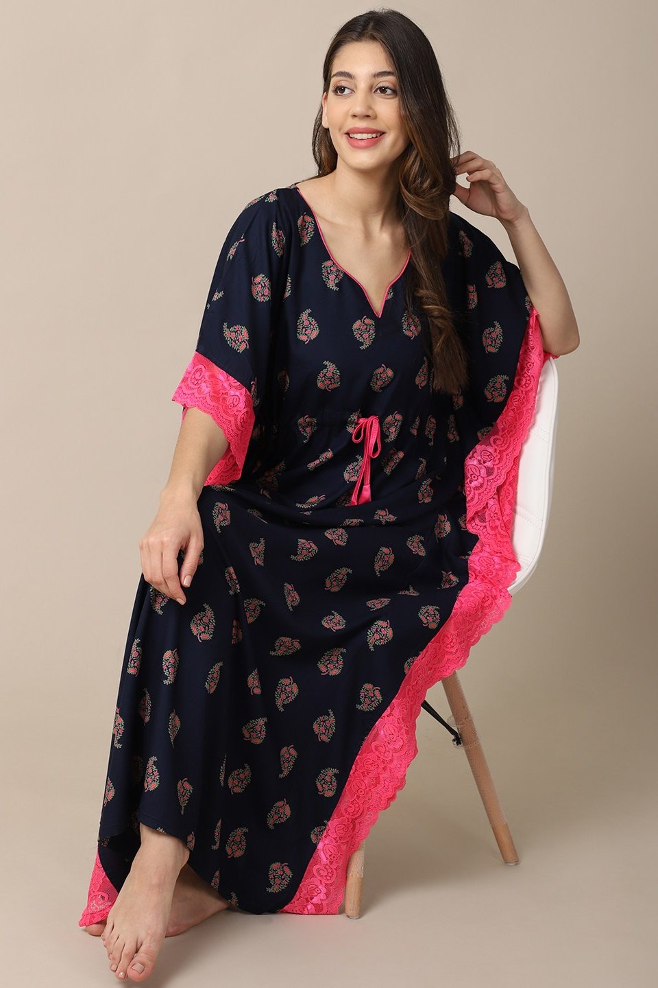 Navy blue motif Printed Viscose Rayon Kaftan For Woman Claura Designs Pvt. Ltd. Cord set kaftan, kaftan_freesize, Navy Blue, Nightdress, Printed, Sleepwear, V-Neck