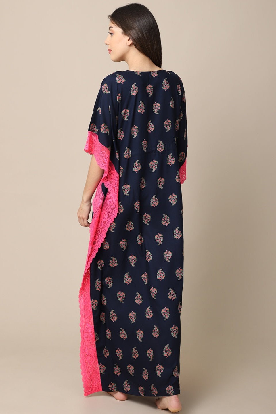 Navy blue motif Printed Viscose Rayon Kaftan For Woman Claura Designs Pvt. Ltd. Cord set kaftan, kaftan_freesize, Navy Blue, Nightdress, Printed, Sleepwear, V-Neck