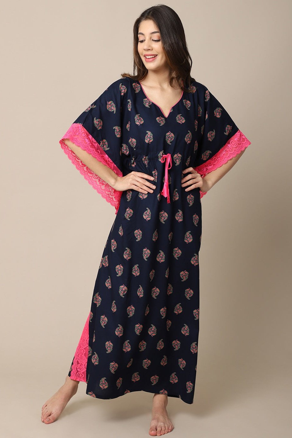 Navy blue motif Printed Viscose Rayon Kaftan For Woman Claura Designs Pvt. Ltd. Cord set kaftan, kaftan_freesize, Navy Blue, Nightdress, Printed, Sleepwear, V-Neck