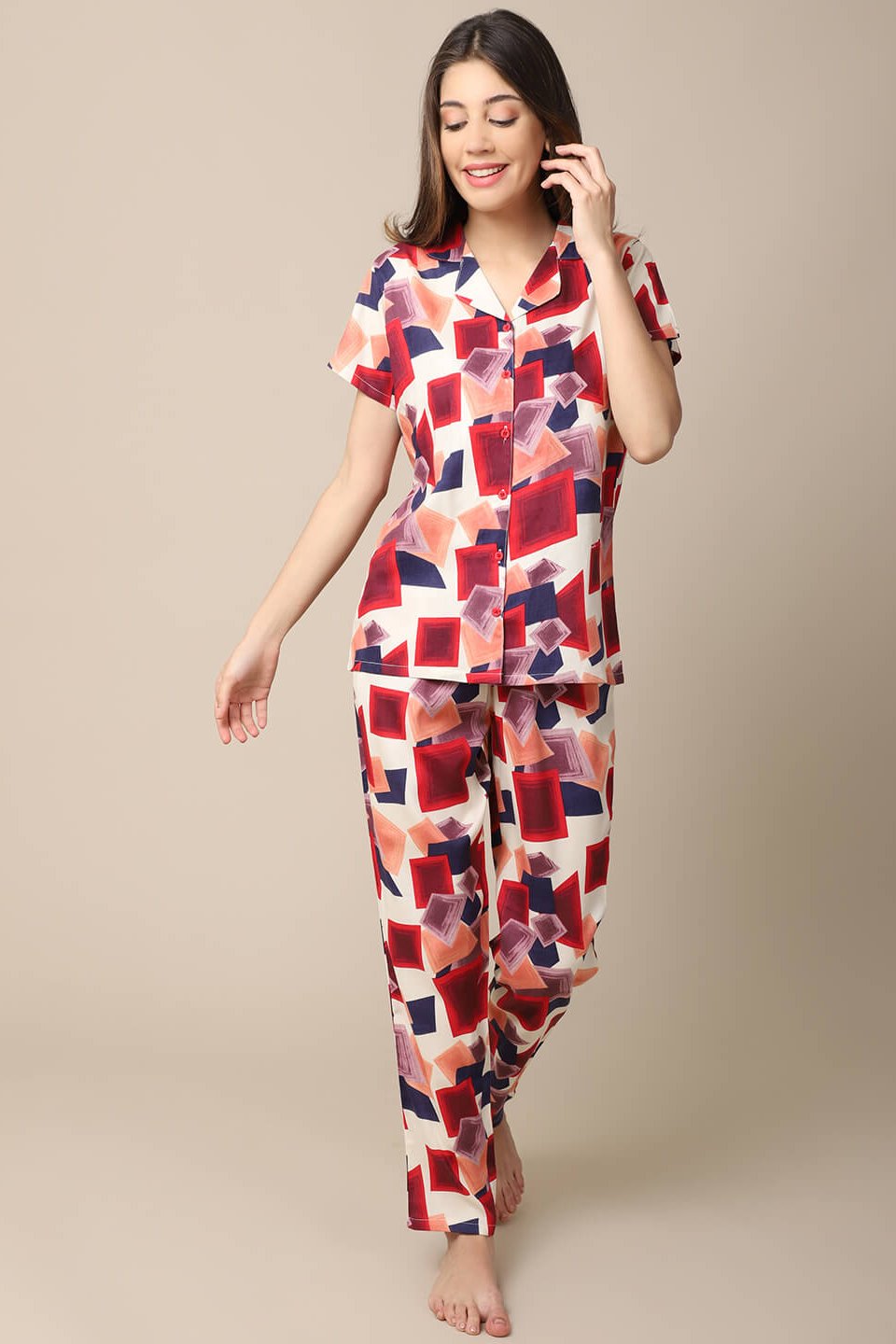 Multi-Color Geometric Printed Viscose Rayon Night Suit for Women by Claura