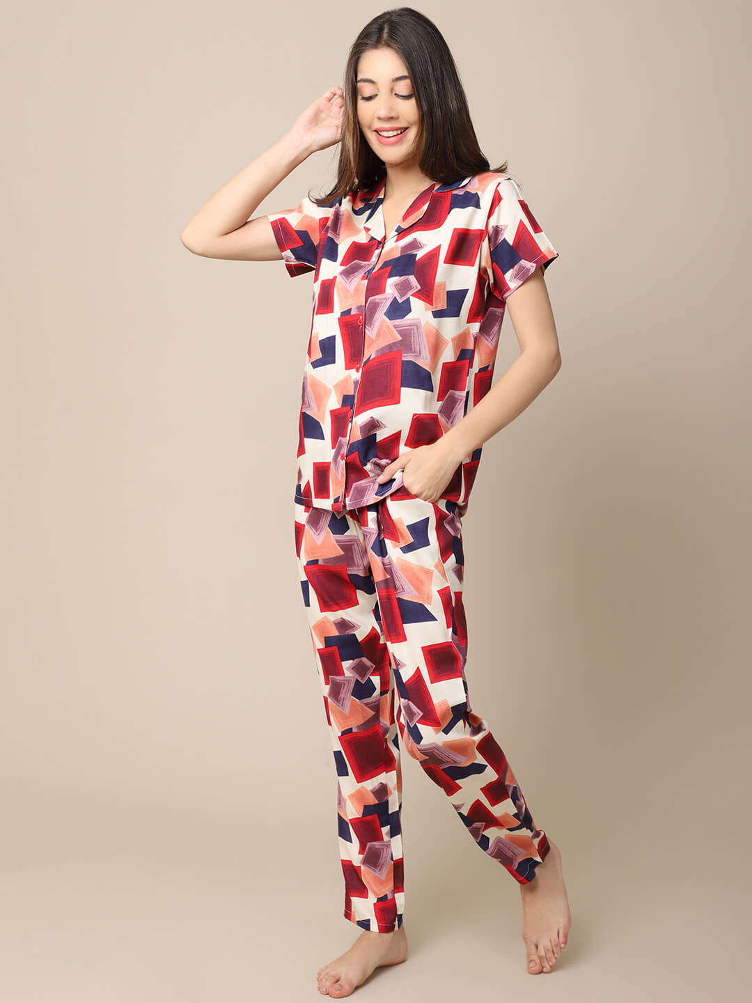 Multi-Color Geometric Printed Viscose Rayon Night Suit for Women by Claura