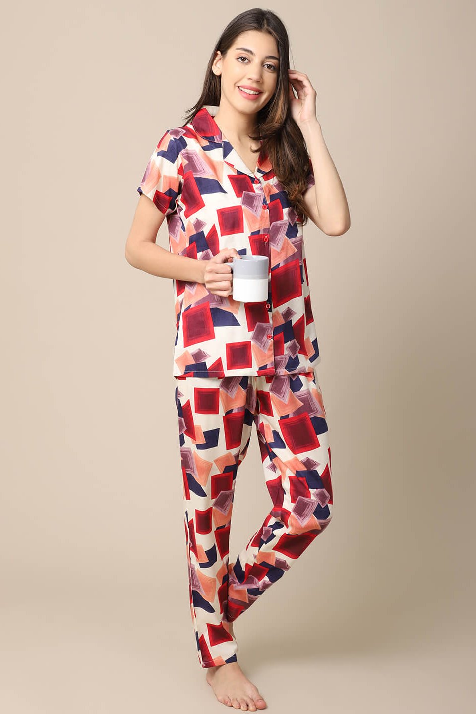 Multi-Color Geometric Printed Viscose Rayon Night Suit for Women by Claura