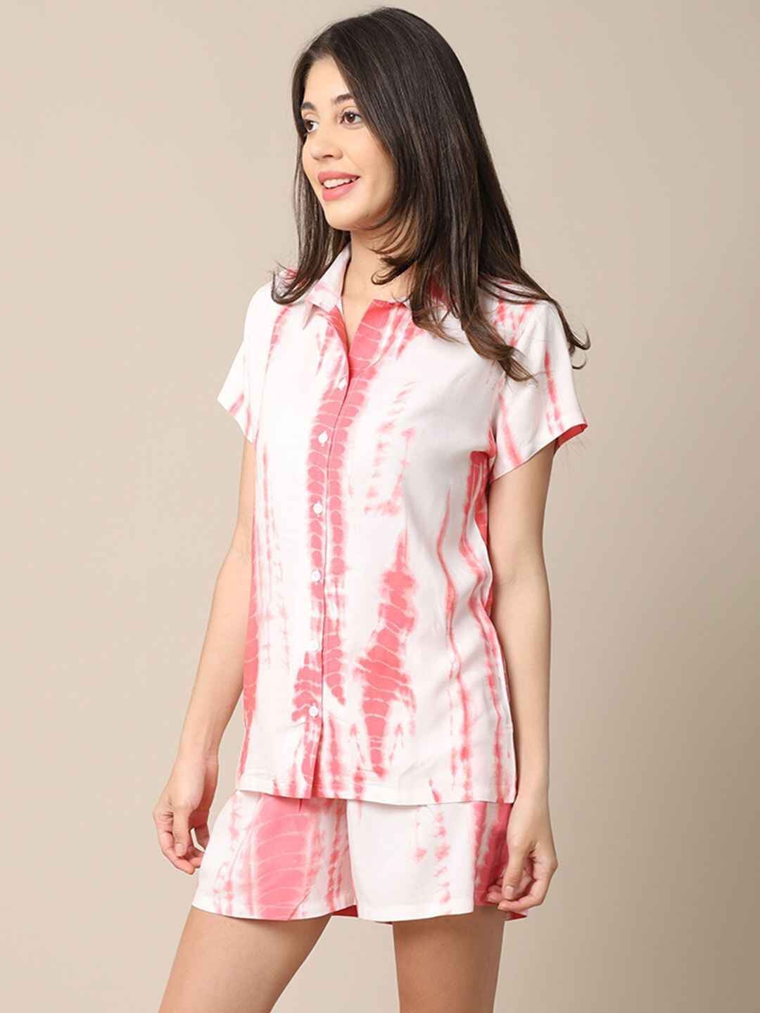 Pink Color Tie and Dye Printed Cotton Shorts Set Claura Designs Pvt. Ltd. Lounge Short Cotton, Nightsuit, Pink, Printed