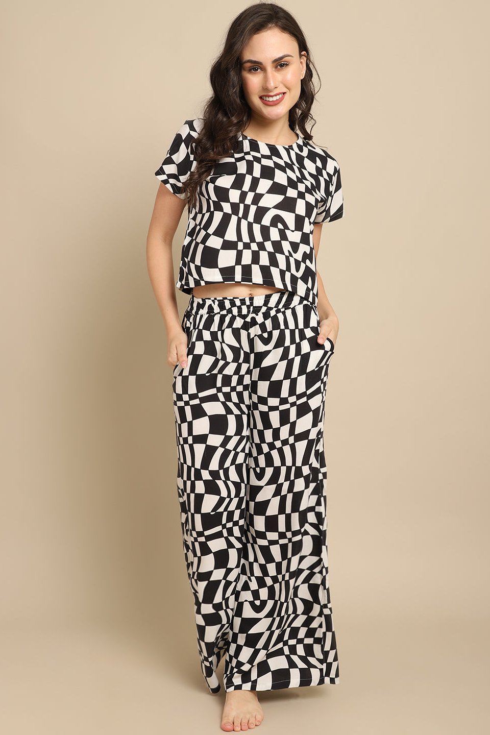 Black & White Geometric Printed Viscose Rayon Night Suit for Women by Claura