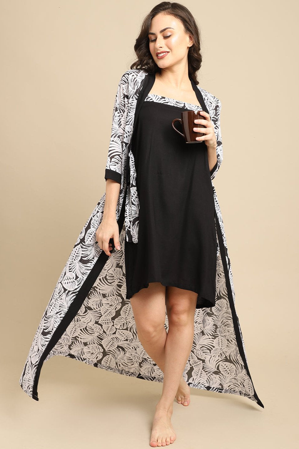 Comfortable Navy Abstract Printed Viscose Rayon Nighty | Claura