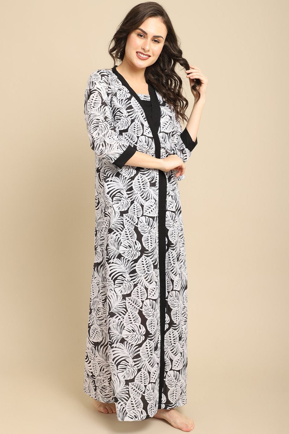 Black Color Tropical Printed Viscose Rayon Nityrob For Women Claura Designs Pvt. Ltd. Robe Black, Kaftan_allsizes, Nightdress, Nighty Robe, Printed, Rayon, round neck, tropical