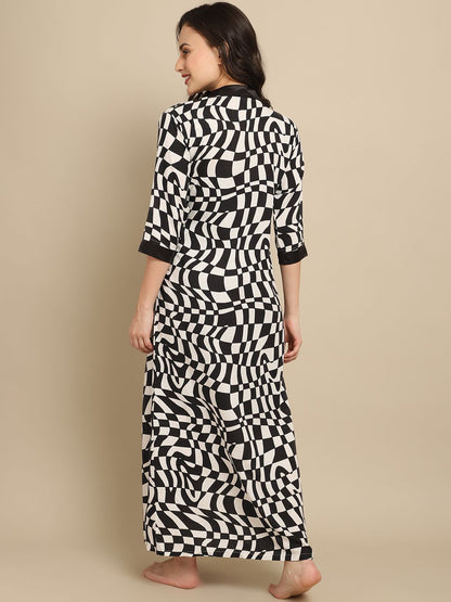 Black & White Tropical  Printed Viscose Rayon Nityrobe For Women Claura Designs Pvt. Ltd.  Black, Nighdress, Nighty Robe, Rayon, Robe, Sleepwear, White